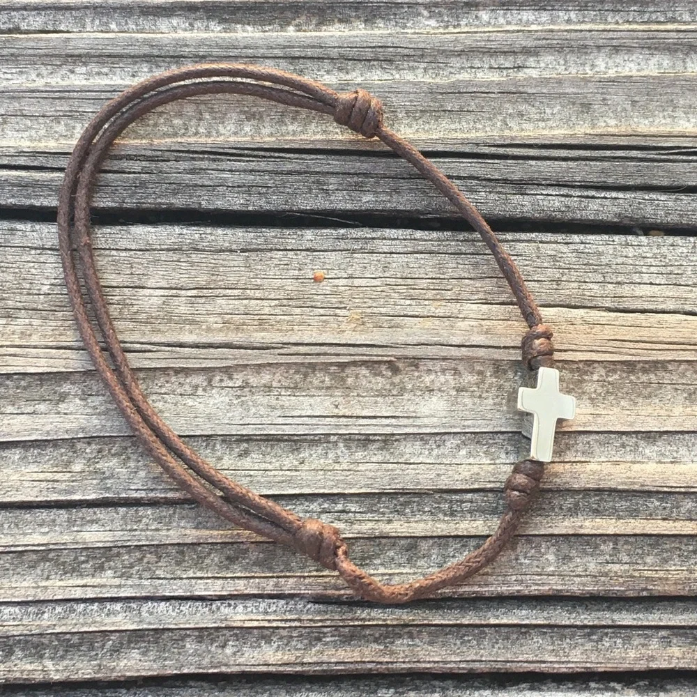 TOUS Brown Cord Bracelet with Stainless Steel Silver Cross Charm, Men Accessory
